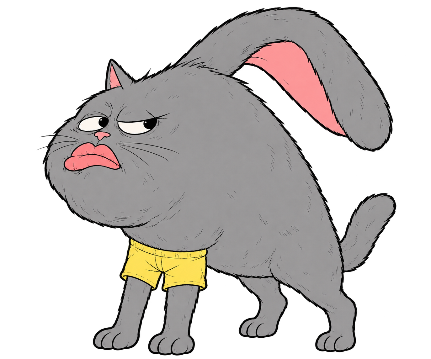 Grumpkin, the grumpy cat-rabbit wearing yellow shorts